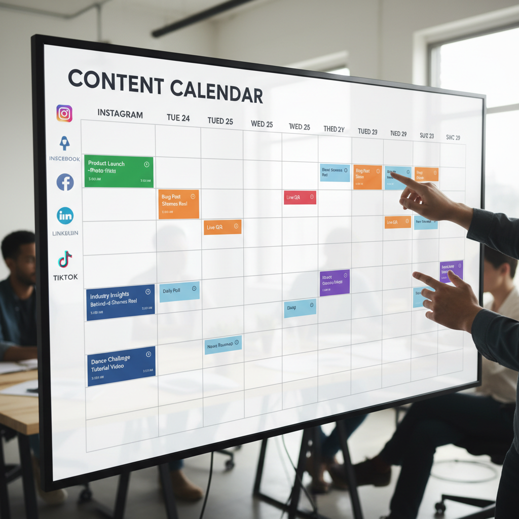 Mobile phone displaying social media scheduling calendar with upcoming posts